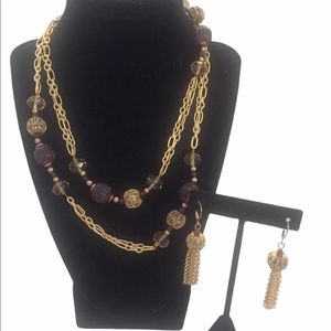 Goldtone Beaded Statement Necklace And Earrings